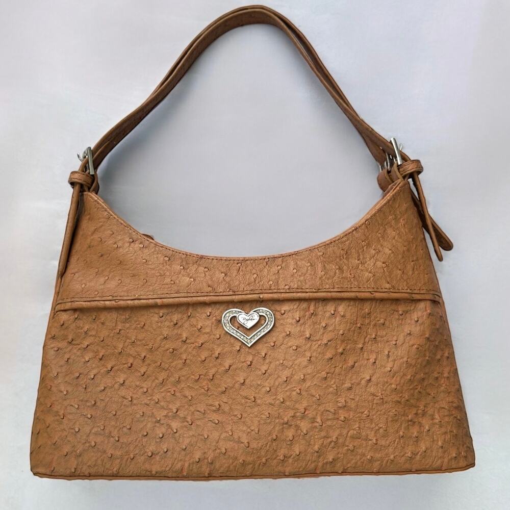 Vintage Brighton Faux Ostrich Leather Tan Shoulder Bag Y2K Embossed Silver Heart